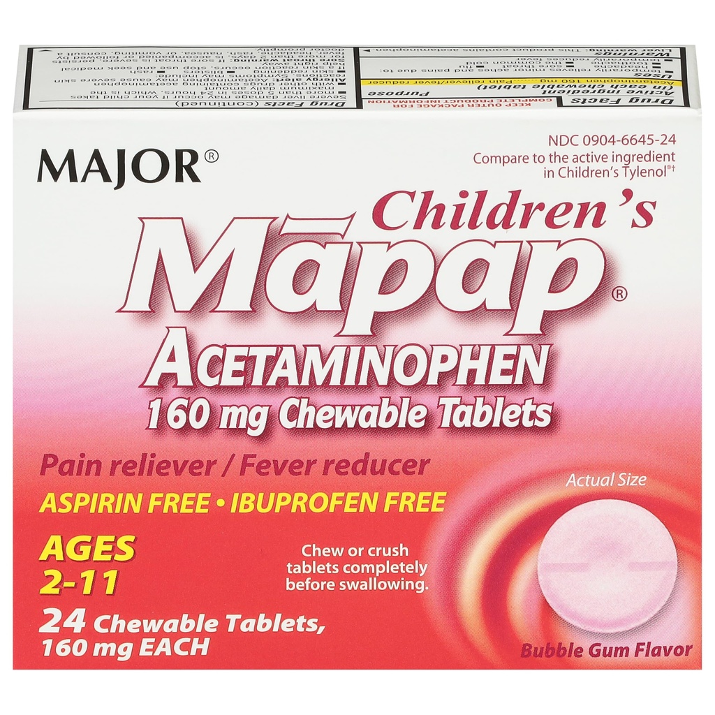 MAJOR 아이들의 마포 아세타미노펜 160 mg Chewable 정제 - 통증 Reliever/Fever 흡진기 - 아스피린 무료 - Ibuprofen 무료 - 나이 2에서 11-24 조사 (1 팩)