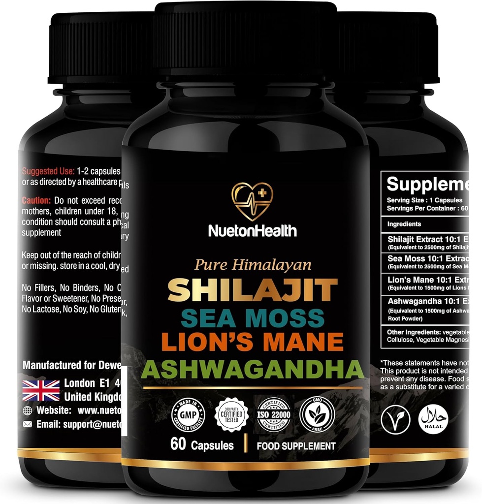Shilajit, Sea Moss, Lion's Mane 및 Ashwagandha 캡슐 - 마음, 신체 및 활력을위한 포괄적 인 올인원 웰빙 보충 - 60 Vegan 캡슐