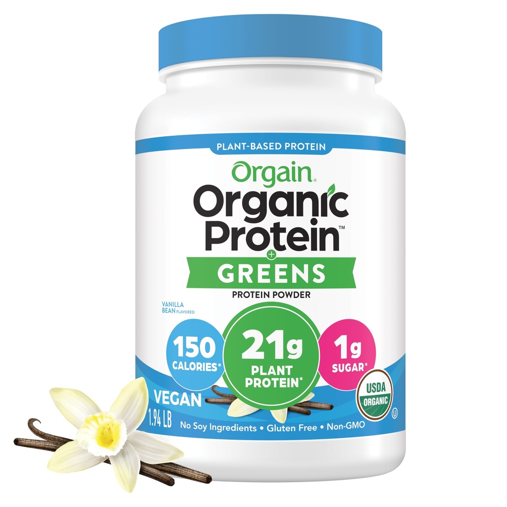 Orgain Organic Vegan Protein Powder + Greens, Vanilla Bean - 21g Plant 기반 Protein, Gluten Free, Dairy Free, Lactose Free, Soy Free, No Sugar 추가, Gut Health 용 Iron & Prebiotics - 1.94lb