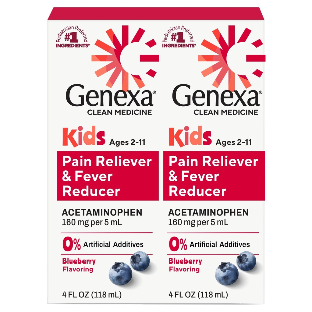 Genexa Children's Clean Acetaminophen | 소아과 선호 성분 | 아이를 위한 통증 및 발열기 | 염료 무료, 0% 인공 첨가물 | 나이 2-11, 맛있는 유기농 블루베리 액체, 4 fl oz