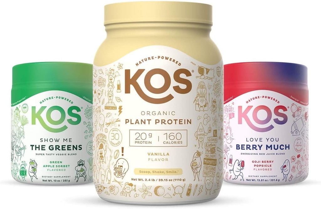 KOS PowerPlant 번들 (Organic Plant-Based Vanilla Protein Powder + Organic Reds Blend + Organic Greens Blend)