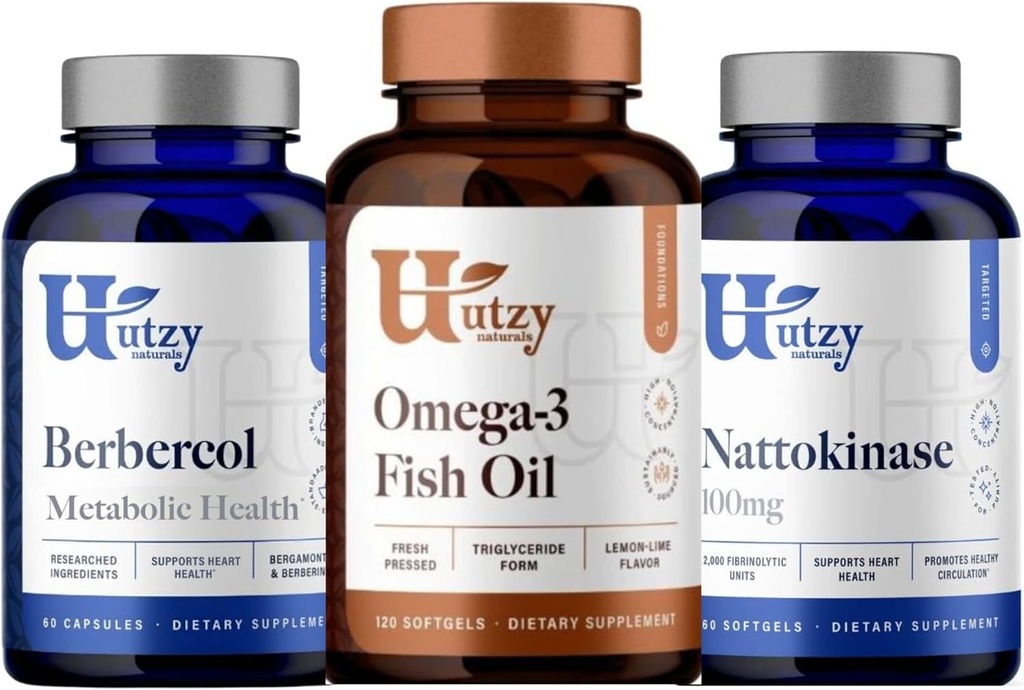 Utzy Naturals Berbercol | 500mg Citrus Bergamot (Berbergamonte) & Berberine, Nattokinase | 100mg + 오메가 3 생선 기름