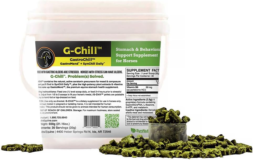 G-Chill All-Natural Digestive Health Support for Horses - 30 인분 - Stomach & Hindgut Health, Gastric Ulcer Relief의 보조를 촉진하고 조직 수리를위한 Collagen & Fibronectin 생산 강화