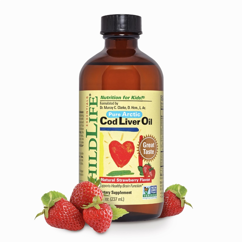 아이들을위한 CHILDLIFE ESSENTIALS Cod Liver Oil - 아기 6 개월, 유아, 추가 DHA, EPA, 오메가 3 지방산 - 딸기, 8 fl oz