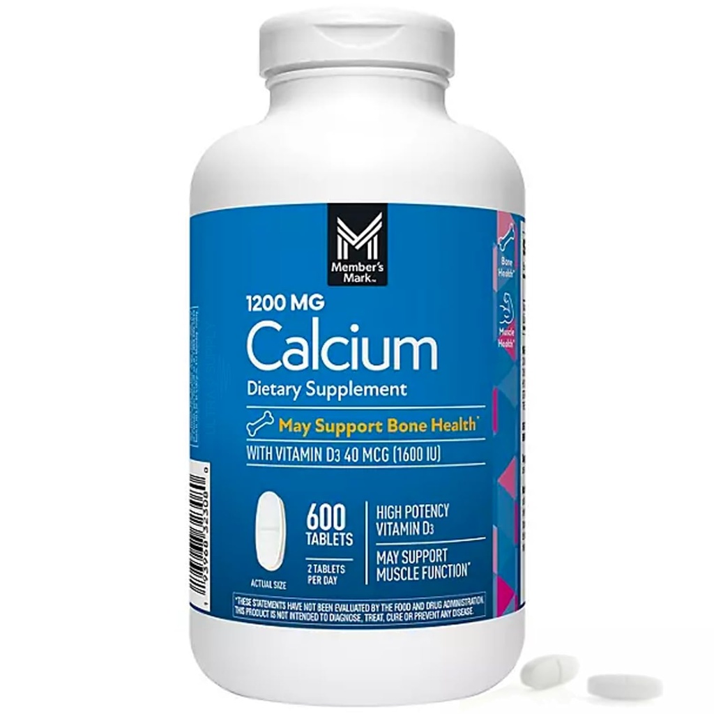 회원 마크 칼슘 비타민 D3 정제, 600ct. - 지원 뼈 & 근육 건강 - 높은 효능 칼슘 1200 mg & 비타민 D3 40 mcg