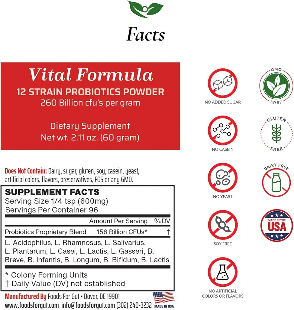 Gut Vital Formula 12 Strain Probiotics Powder 260 Billion CFU | 제조 업체에서 만든 | 제 3 자 스토리지 | 면역 지원 | 60 그램 (2.11 Oz)