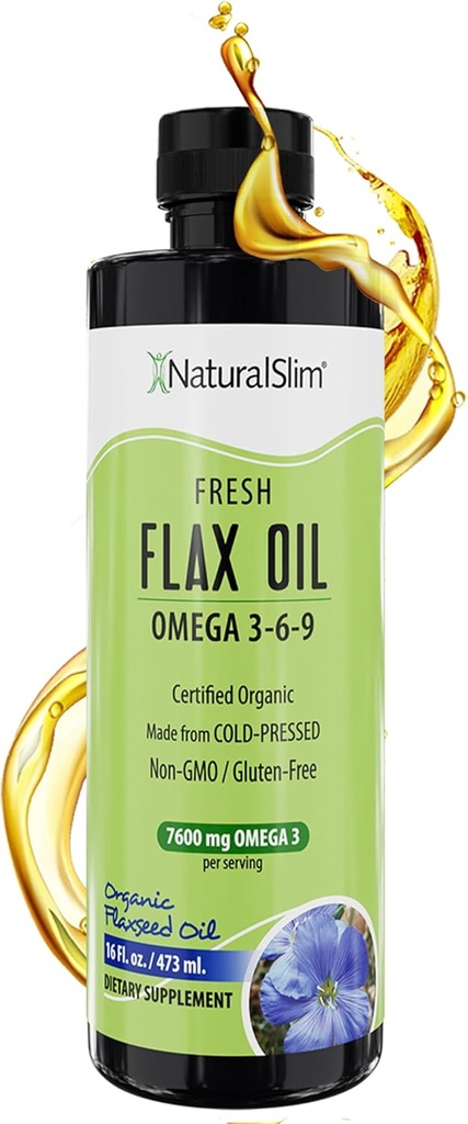 NaturalSlim Flaxseed Oil Liquid 신선한 맛 Flax Oil Organic Cold Pressed & High in Omega 3 6 9 Fatty Acid Flax Seed Supplement for Healthy Cell, Hair, Skin, & Nails - 신선한 맛 16 fl. Oz.