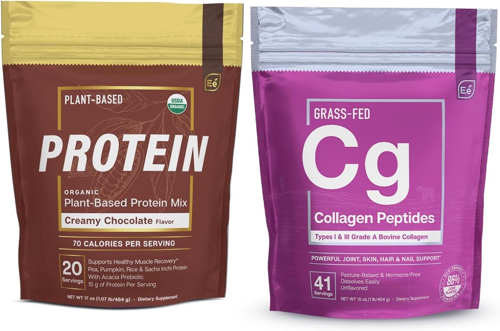 필수 요소 Hydrolyzed Collagen 펩타이드 분말 및 유기 완두 단백질 분말 - 크림 초콜릿 | 관절, 피부, 머리, & 손톱 지원 + 저탄소 식물 기반 Vegan 혼합