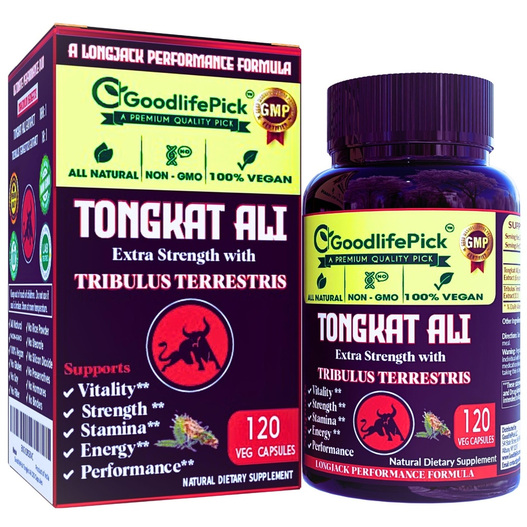 Tribulus Terrestris와 추가 강도 Tongkat Ali. 강력한 (100 : 1) Longjack / Tongkat Ali Extract. 120 Veg 캡슐 Tongkat Ali for Men.All Natural, Non-GMO, Vegan, Stearate 없음, 쌀 분말