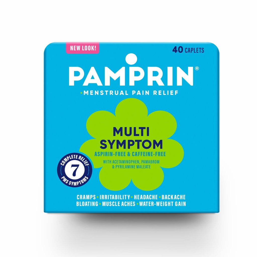 Pamprin Multi-Symptom 공식, Acetaminophen, Cramps, Pain, Bloating 및 Irritability 40 캡슐을 포함한 생리 기간 증상 완화