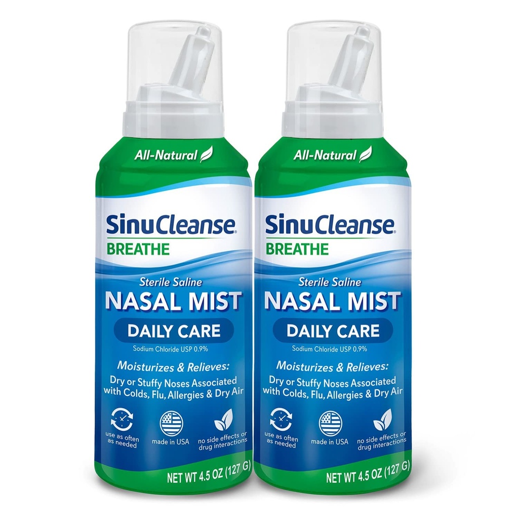 SinuCleanse Daily Care Sterile Saline Nasal Spray, Ultra Fine Mist, 즉시 Moisturizes & Relieves 매일 Nasal Congestion 때문에 감기 & 건조한 공기, 4.5 Oz (2 팩), 미국에서 만든