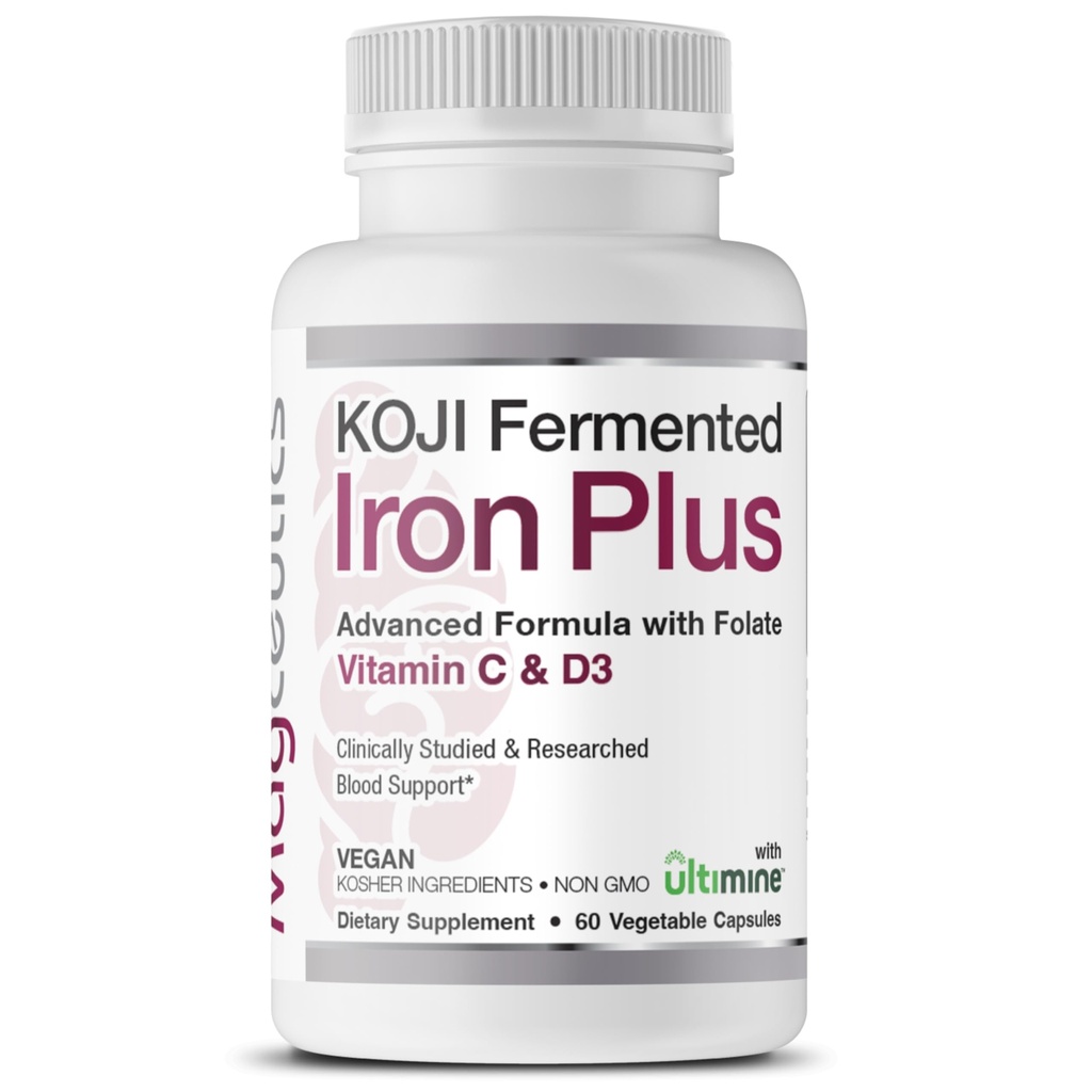 Koji Fermented Iron Plus - 비타민 C, 비타민 D3 및 혈류 지원을위한 Folate, 쉽게 흡수 및 Bioavailable, Stomach Friendly, Vegan, Non-GMO - 60 캡슐