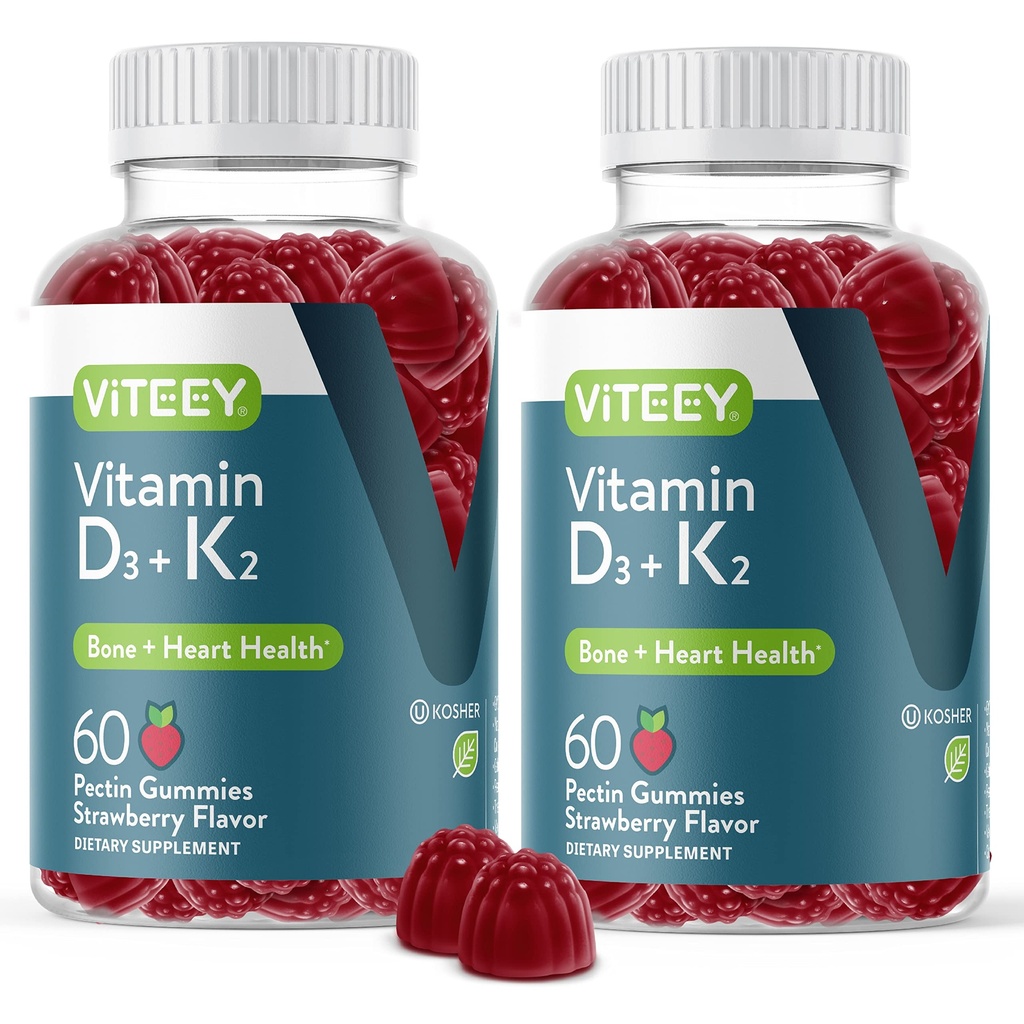 VITEEY 비타민 D3 K2 Gummies - 1000 IU 비타민 D3 및 K2 100mcg - 성인과 청소년을위한 뼈 및 심장 건강 - 채식주의, 젤라틴 무료, GMO 무료 - 맛 있는 Chewable D3K2 비타민 Strawberry 맛있은 거미