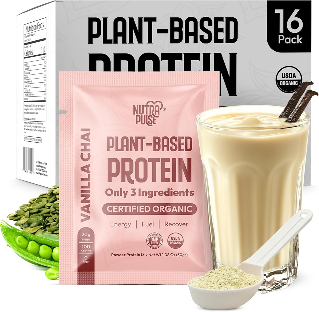 Vanilla Chai Vegan Protein Powder Sample Pack – 20g 유기농 공장 기반 단백질 – NutraPulse – Gluten-Free, Soy-Free, Non-GMO – Clean & Digest – Smoothie Friendly – 16 단일 서빙