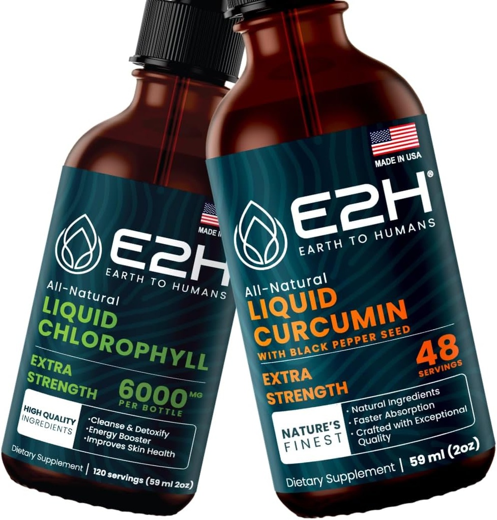 E2H: 액체 클로로필과 액체 심황 Curcumin | Vegan, Non-GMO - 2 Fl Oz 각 (4 Fl Oz 합계) - 번들