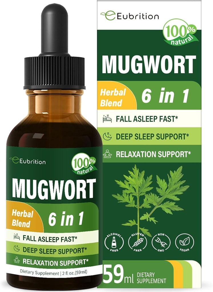 수면 지원을위한 Mugwort 허브 액체 드롭, Mugwort Leaves (Artemisia vulgaris) Relaxation Support, Valerian Chamomile Tulsi Lavender Extract.2oz와 초본 보충