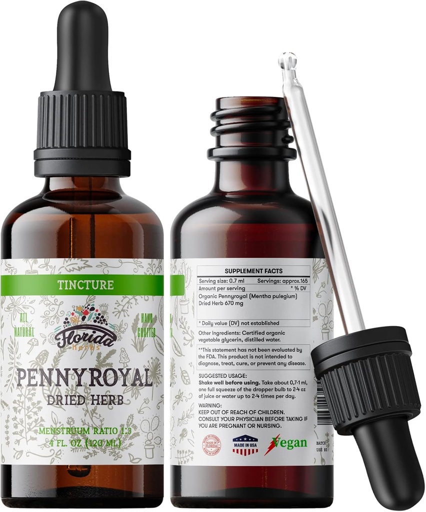 Pennyroyal Tincture, 유기 페니로얄 추출물 (Mentha pulegium)는 찬 압박된 유기 식물성 글리세린 2 oz, 670 mg에 있는 허브, 비 GMO를 말렸습니다