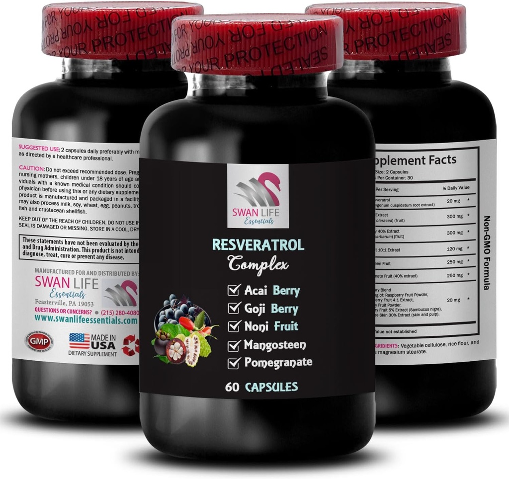 Nutrient Boost - RESVERATROL COMLEX - Berry Benefits, 강력한 산화제, Goji Berry Support, Elderberry Strength, Daily Support, Pomegranate Energy, 전체 식품, flavorful Energy 1 병 60 캡