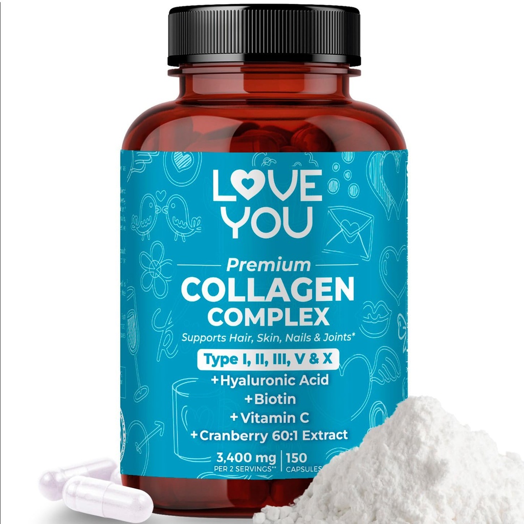 You Premium Collagen Complex - 유형 I, II, III, V & X - 헤어, 피부, 손톱, 관절 및 Gut 지원 - Hydrolyzed Bovine Collagen Peptides - Grass-Fed, Non-GMO, 120 캡슐, USA Made