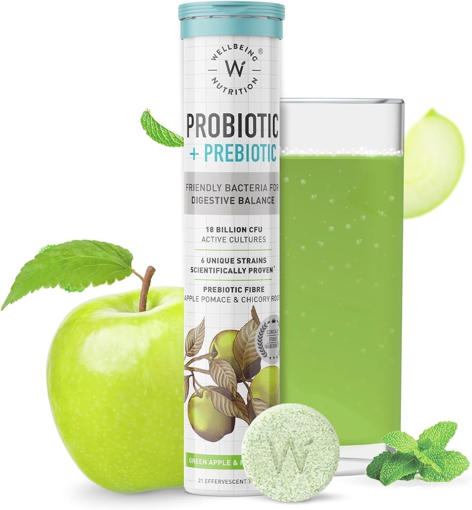Wellbeing Nutrition Daily Probiotics + Prebiotics | 메타볼리즘, 산성 구호, 소화 및 구트 건강 개선 | 남성 및 여성을위한 18 억 CFU 유기 Probiotics 보충 (21 Effervescent Tab)