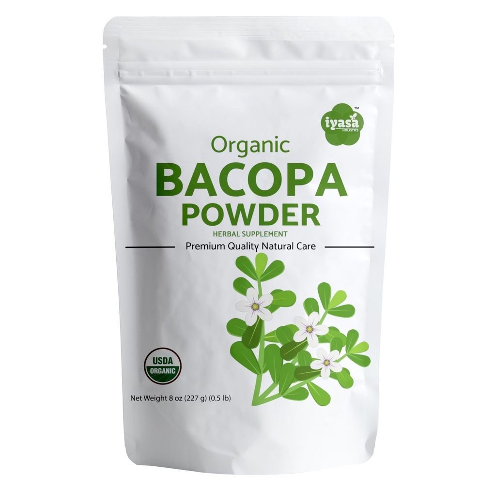 Iyasa Holistics 유기 Bacopa 분말 (Brahmi 잎), 증명된 유기 Ayurveda Superfood, 머리 및 뇌 Tonic의 8개 oz의 Resealable 주머니