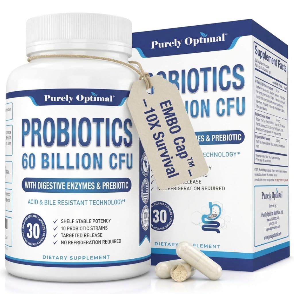 Purely Optimal 프리미엄 Probiotics 60 억 CFU w/Organic Prebiotics & 소화 효소 효소