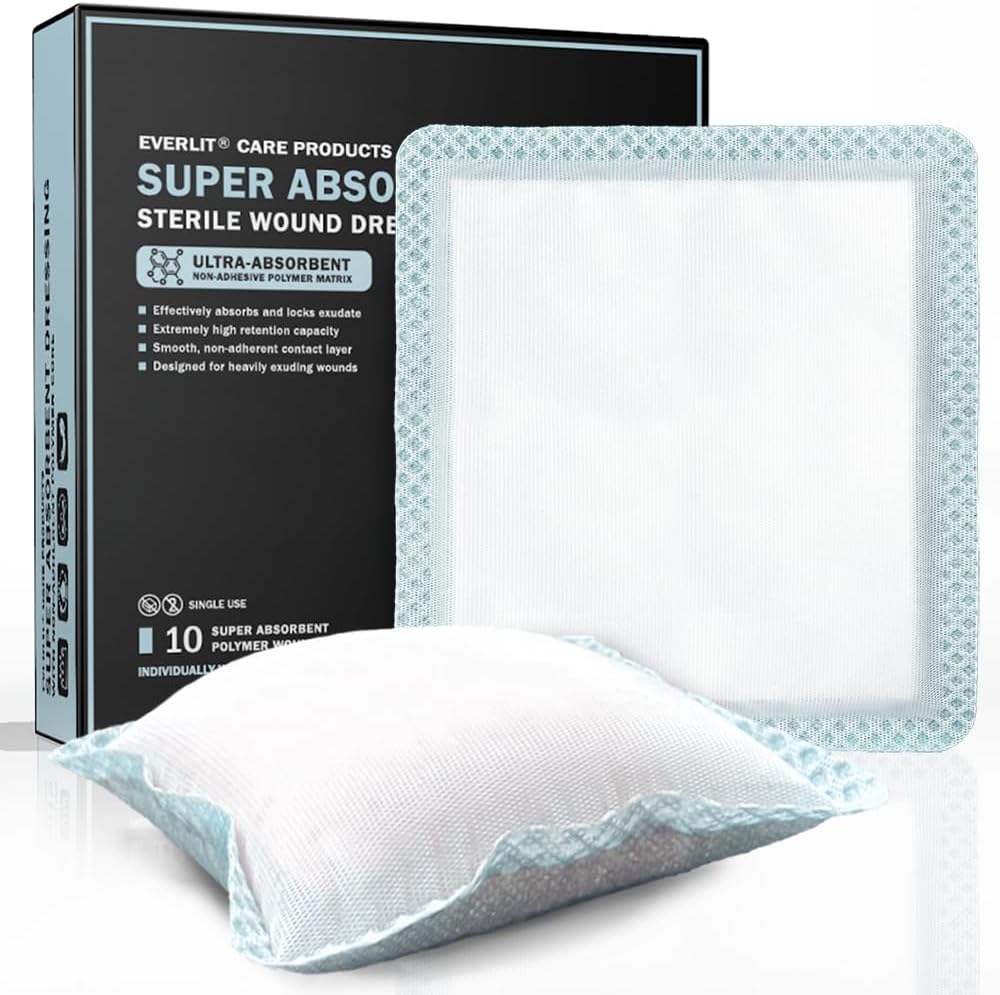 EVERLIT Super Absorbent Dressing for Wound Care | Heavily Exuding Wounds의 비스틱 소프트 외과 가제 패드 | 빠른 치유 부상 치료를위한 대형 가제비 접착 밴드 | 10 팩 (6 "x 6")