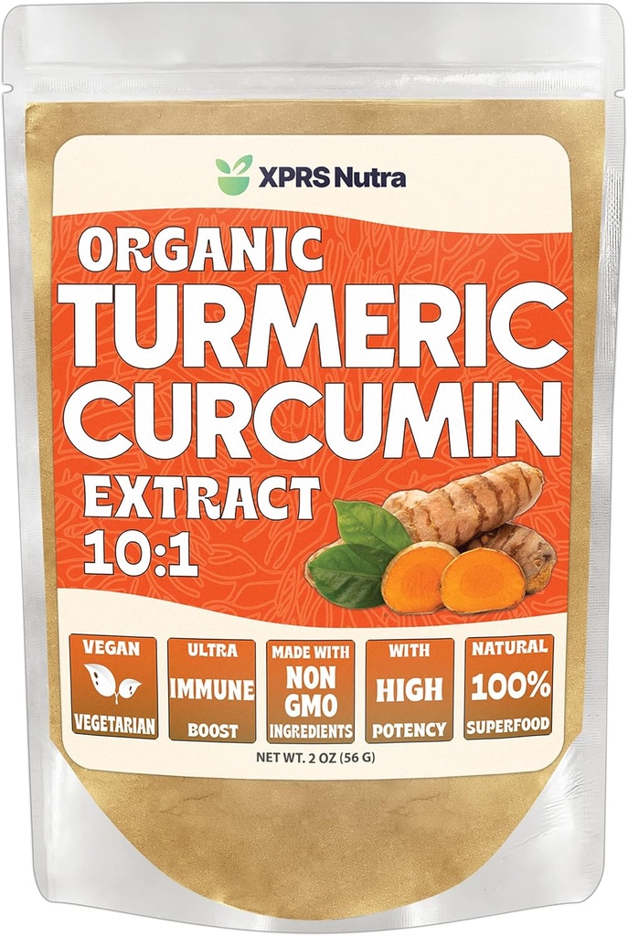 XPRS Nutra 유기 심황 쿠르쿠민 분말 추출물 10 : 1 - Immunity를위한 프리미엄 USDA 유기 쿠르쿠민 분말 - Gut Health (2 Ounce)을위한 Vegan 친절한 순수한 쿠르쿠민