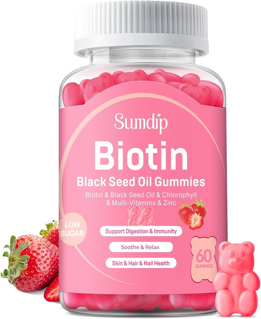 Biotin, 면역 지원 건강한 Hair&Skin&Nails를 가진 까만씨 기름 Gummies는 여자와 남자, Chlorophyll, 아연, 비타민 A, B6, B12, C, D, E, Vegan 보충교재 - 60의 Gummies를 위해 -