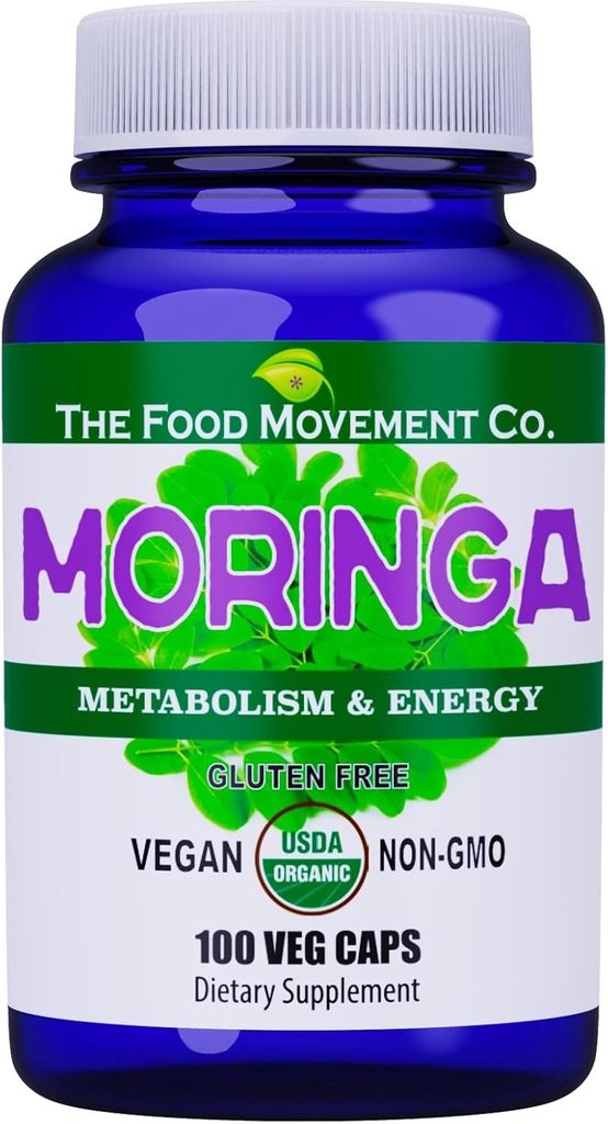 식품 운동 CO. Moringa - 인증 유기 Superfood, 전체 바디 웰니스, 천연 에너지 지원, 건강한 대사 지원 - 100 Vegan 캡슐