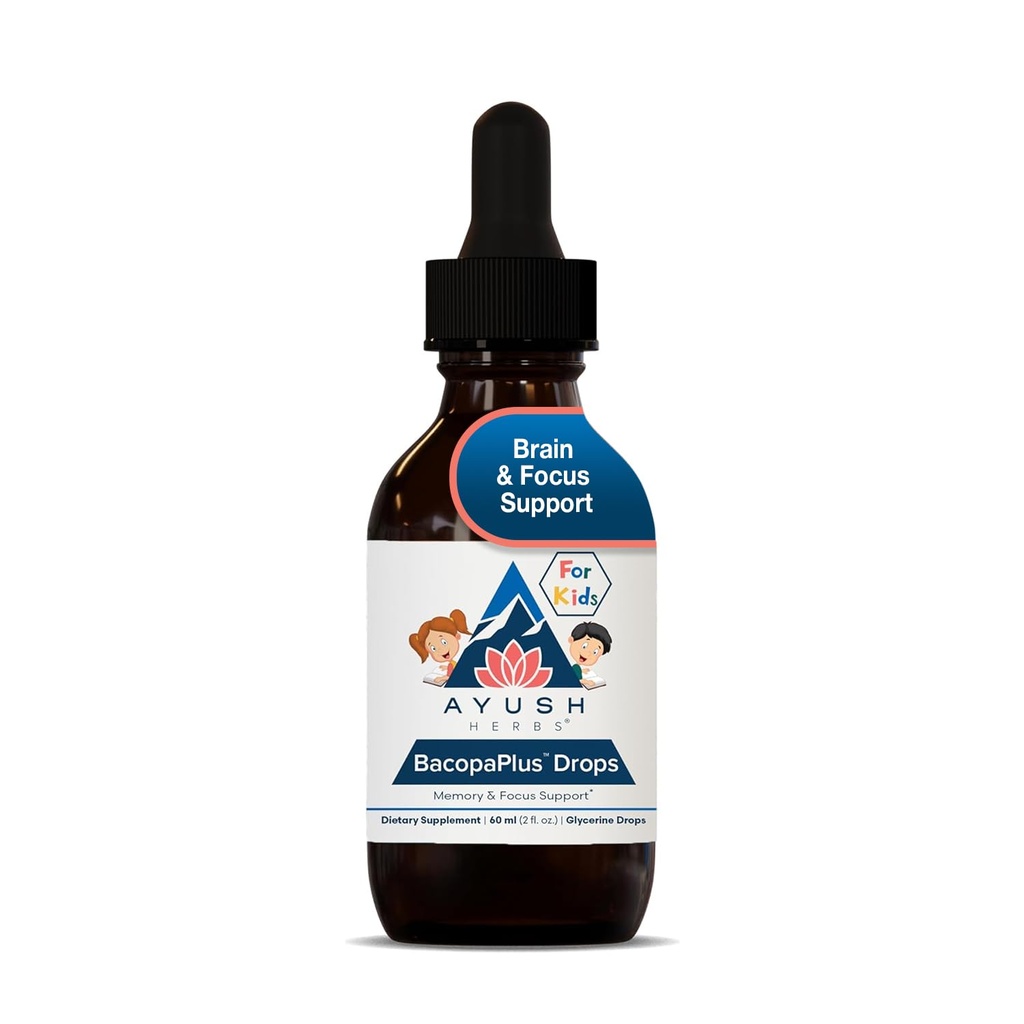 Ayush Herbs BacopaPlus Drops for Kids - 어린이 초점과 관심은 Bacopa, Ashwagandha, Ginkgo, 두뇌 및 메모리 지원, 유기 성분 - 2 Fl Oz (80 서빙)