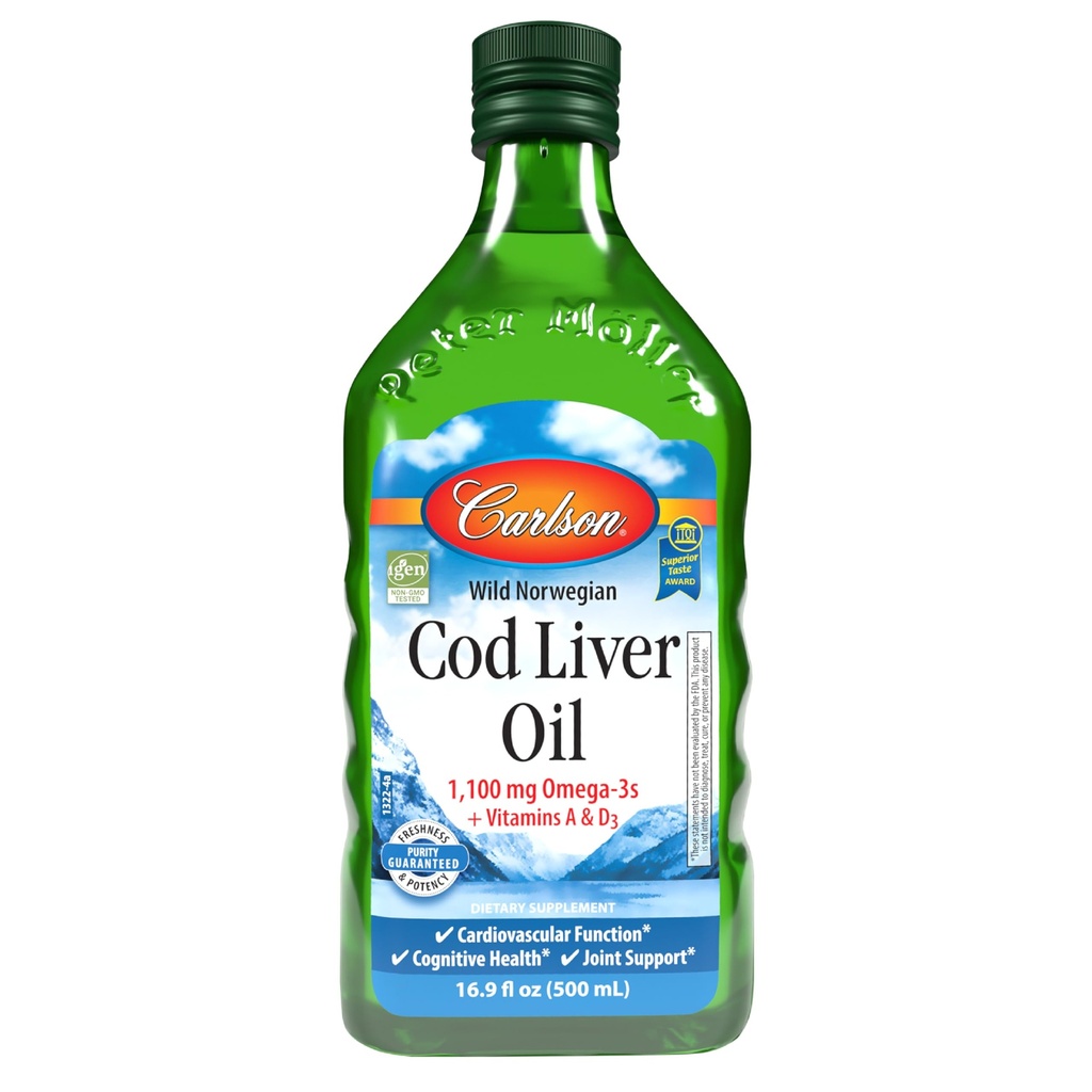 Carlson - Cod Liver Oil, 1100 mg Omega-3s, Wild-Caught Norwegian Arctic Cod-Liver Oil, 지속 가능한 Sourced Nordic Fish Oil Liquid, Unflavored, 500 ml (16.9 Fl Oz)
