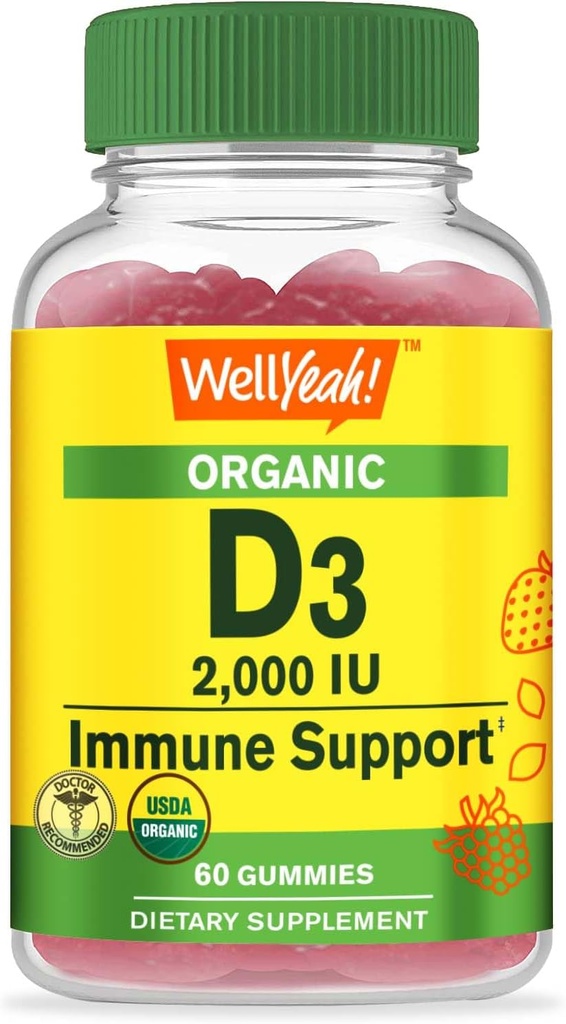 WellYeah 유기 비타민 D3 2,000 IU (50 mcg) Gummies - 뼈, 근육 힘 및 면역력을 지원하십시오 - 비 GMO, 글루텐 무료 - USDA 유기 - 자연적인 풍미 - 60 Gummies