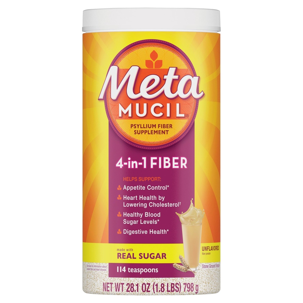 Metamucil, Psyllium Husk 분말, 설탕, 114 서빙, 4-in-1 섬유 보충, 매일 심리학 후스크 섬유 분말 지원 일반 건강 증진 *