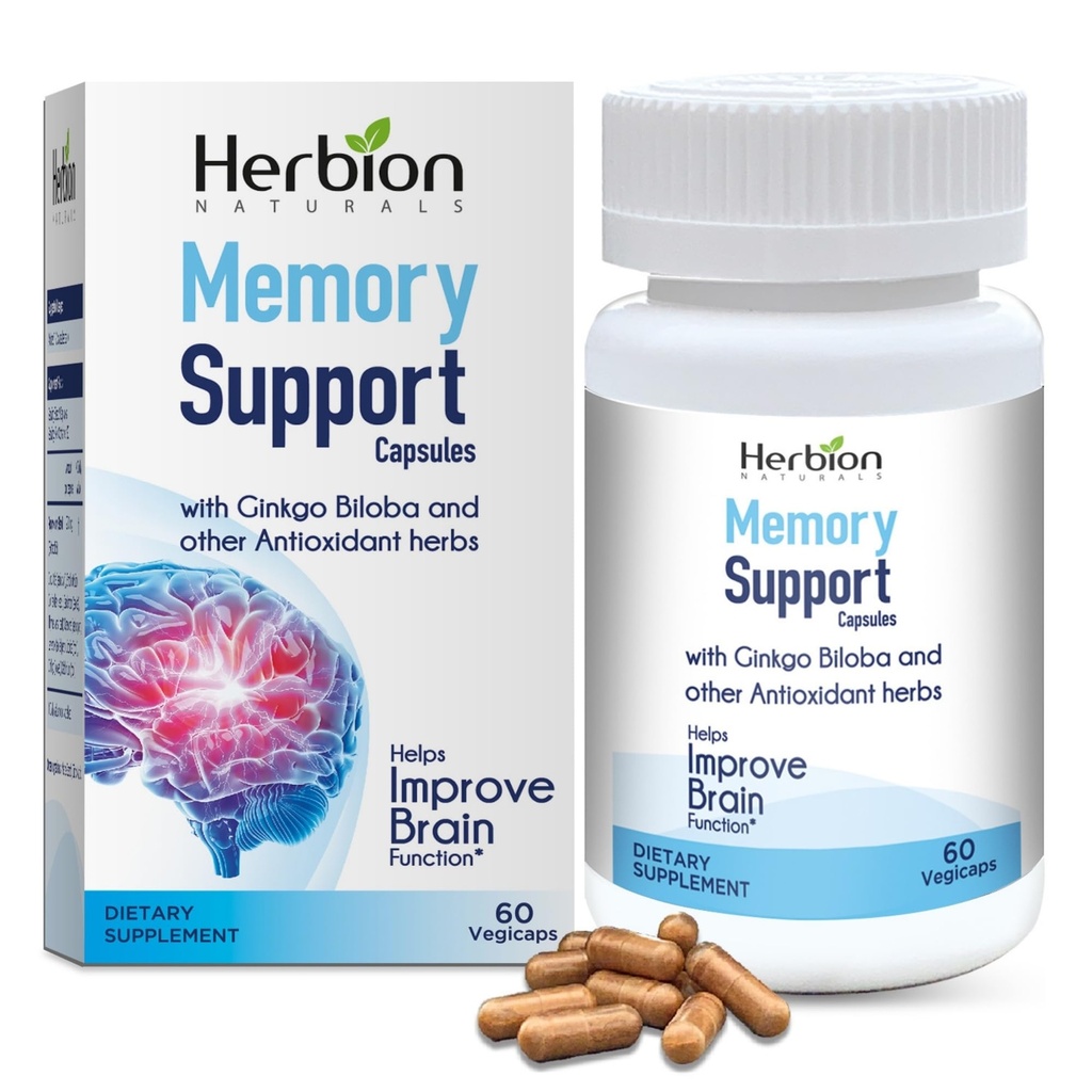 HERBION Naturals Memory Support Capsules, Helps Improve Brain Function & Absent Mindedness, Ginkgo Biloba와 건강한 무드 레벨 유지, 성인, 60 카운트, 1 팩