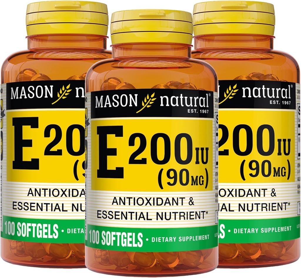 MASON NATURAL 비타민 E 90 mg (200 IU) - 산화 방지제 및 정유성, 건강한 면역 체계, 피부 및 눈, 전체적인 몸 보충교재, 100개의 Softgels (3의 포장)