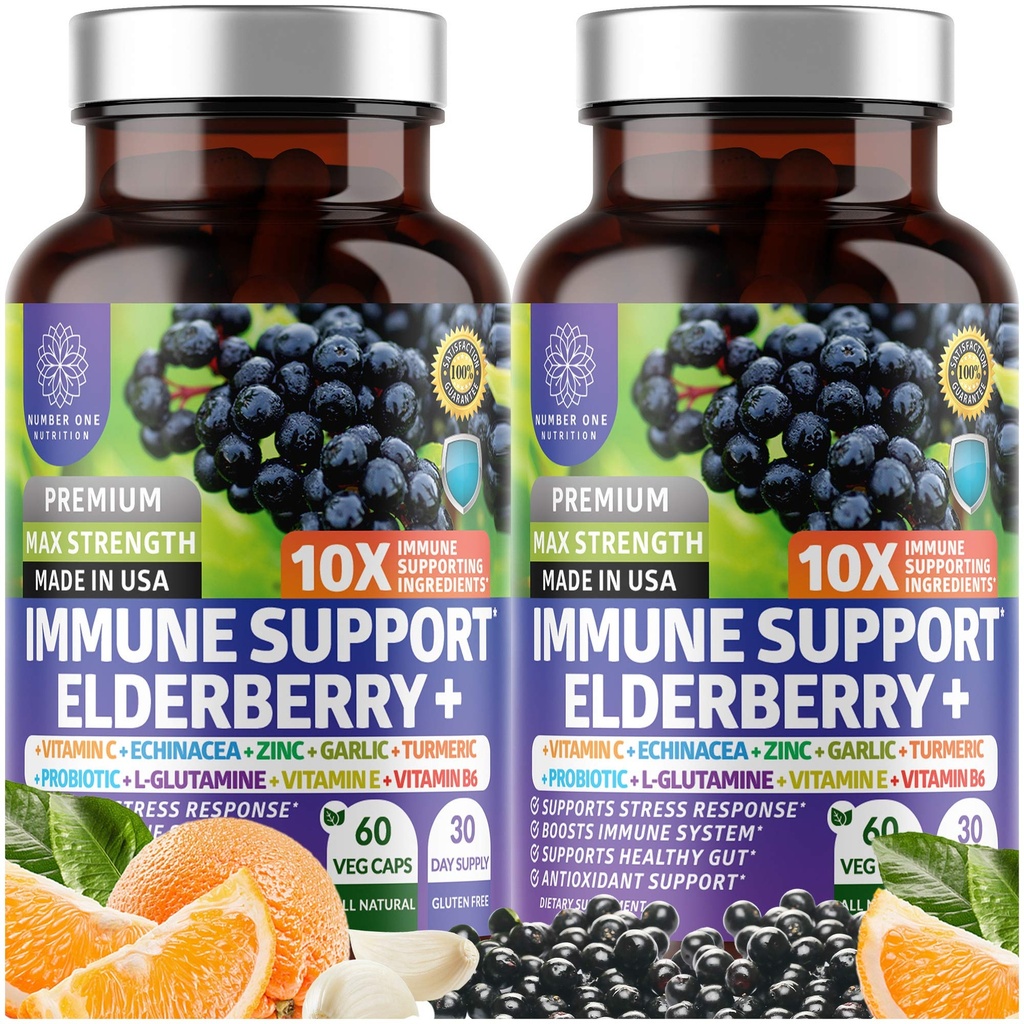 2 팩 N1N 프리미엄 10 1 Immune 지원 보충교재 [10 유력한 성분] Elderberry, 비타민 C, 아연, Echinacea, Turmeric Curcumin, Garlic 및 Probiotics로 성인, 120 Veg 모자