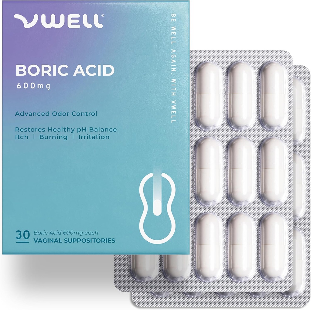 VWELL Boric Acid Vaginal Suppositories - Odor Itch Burning Irritation Intimacy를 관리하는 건강한 질 PH & Microbiome 유지 및 균형 - 의사 권장 (하나 크기, 30, 카운트)