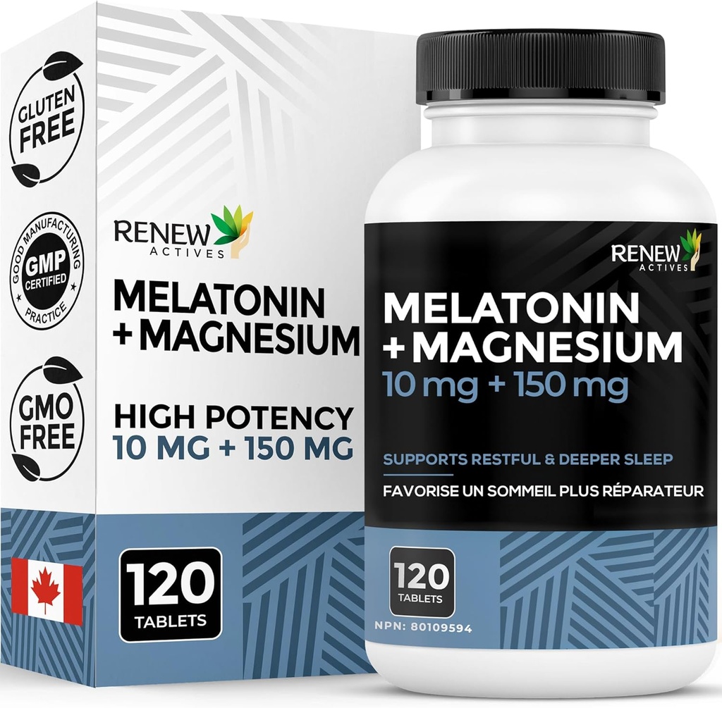 ReNEW ACTIVES Melatonin 10MG with Magnesium 150MG Sleep Aid per 서빙 – Sleep Onset, Jet Lag Relief, Tissue Formation and Electrolyte Balance for Restful Sleep – 캐나다 – 120 캡슐