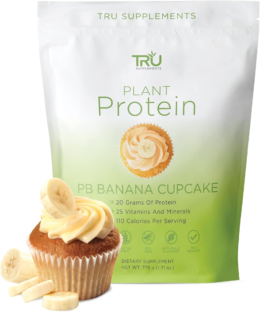TRU 식물 기반 단백질 분말, BCAA, EAA, 20g Vegan 브라운 쌀 & 완두 단백질, 100 칼로리, 27 비타민, 인공 향료 25 인분 (Peanut Butter Banana Cupcake)