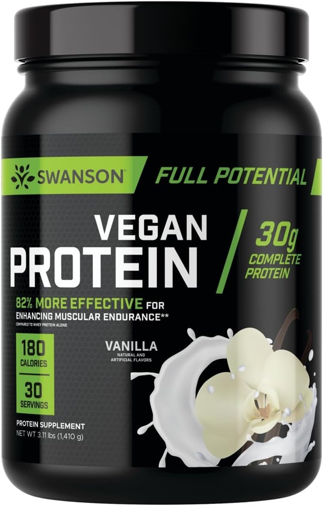 Swanson Full Potential Vegan Protein - 바닐라 맛, 근육 건물 및 회복을위한 전체 채식 단백질 분말 - 30 g