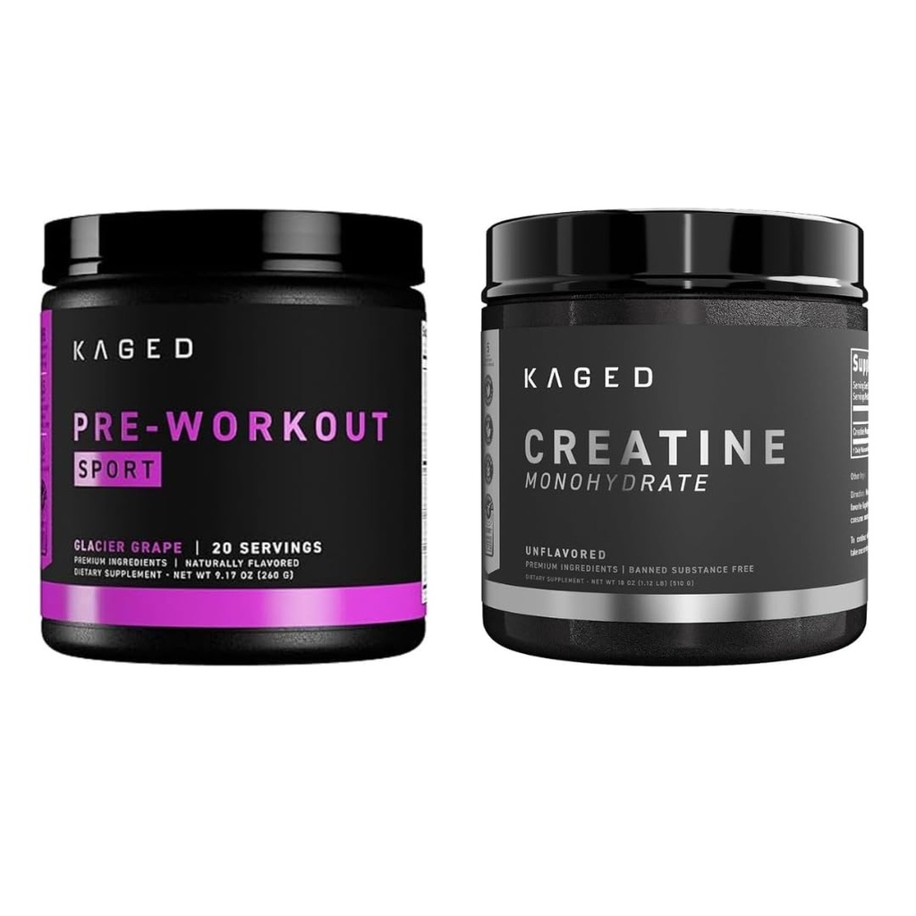Kaged 전 스포츠 전 운동 분말 Glacier 포도 Creatine Monohydrate Micronized 분말 뭉치, 에너지 & 근육 회복 보충교재 팩, 20 서빙 전 운동 + 100 서빙 Creatin