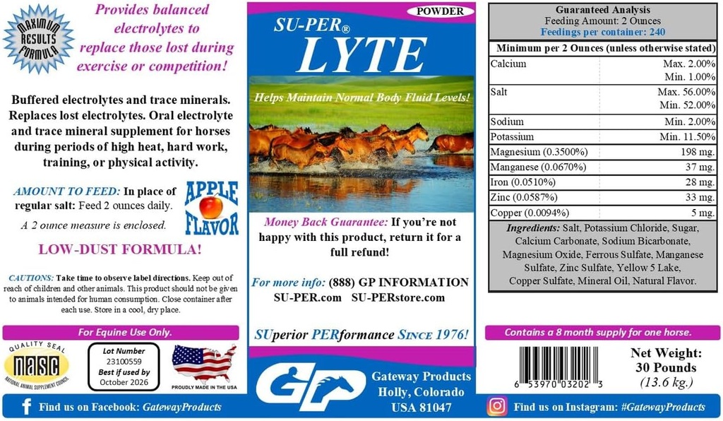 SU-PER Lyte 말 Electrolyte 보충교재 - 도움은 정상적인 몸 유동성 수준을 유지합니다 - 성과 말 무기물 & 전해질 보충 - 30 파운드, 8 달 공급