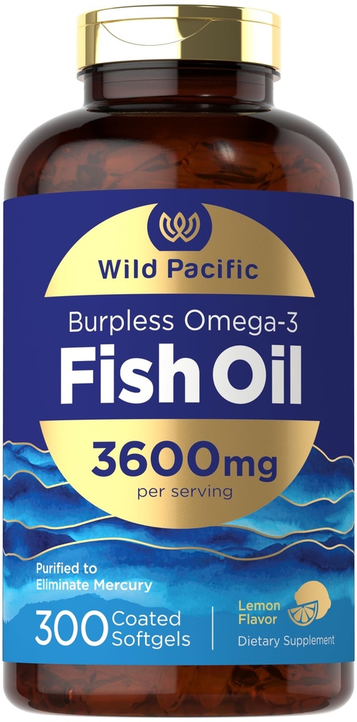 Carlyle Burpless Fish Oil 3600 mg | 300 Softgels | 오메가-3 지방산 | 레몬 맛 | 비 GMO, 글루텐 무료 보충 | 야생 태평양