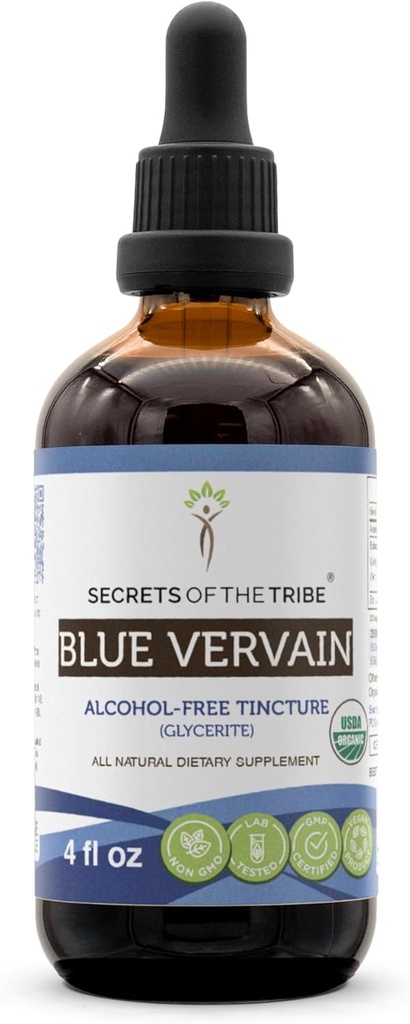 Tribe Blue Vervain USDA Organic의 비밀 | 알코올 프리 추출물, 고순도 허브 드롭 | 100 % 인증 유기농 블루 베바린 (Verbena Hastata) 건조 허브 (4 oz)