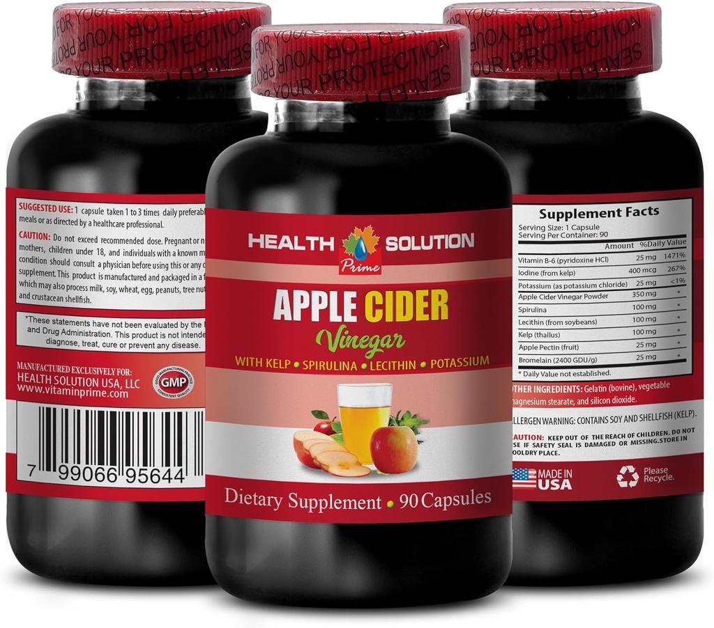 Apple Cider Vinegar Hair Products - Apple Cider Vinegar Advanced Complex with kelp, spirulina, Lecithin - Lecithin kelp b6, Klamath Blue Green 조류, 소화 지원 보충교재 - 1 병 90 모자