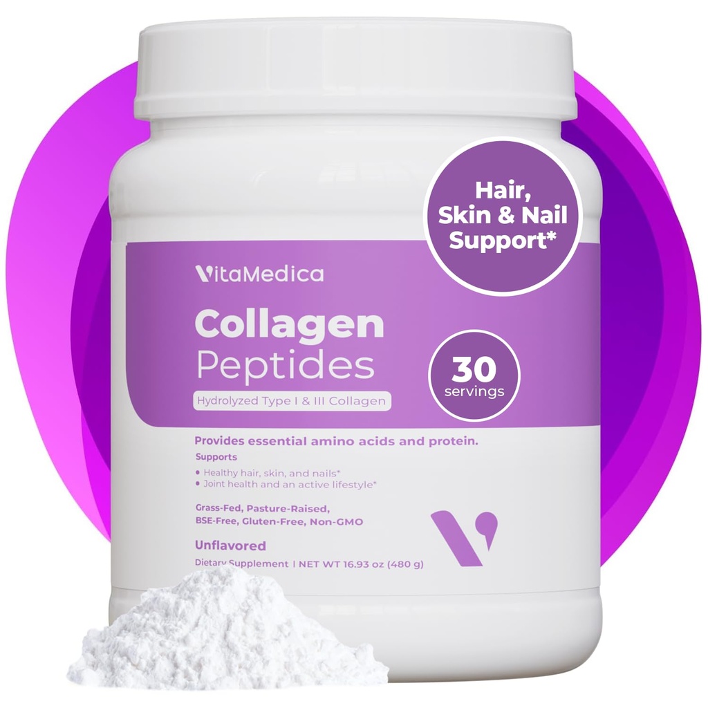 VitaMedica Collagen Peptides Powder for Women & Men - 건강한 머리, 피부, 손톱, 뼈 및 관절 - 가수 분해 유형 I & III, 잔디 볶음, 페이스트 라미네이트, 제 설탕 - 30 서빙