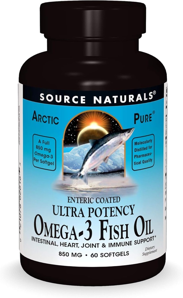 근원 자연적인 ArcticPure Omega-3 물고기 기름 850mg 심장, 합동, 뇌 & 면역 상태를 위한 매우 힘 EPA + DHA - 과민한 Stomachs - 60 Softgels를 위해 입히는 Enteric