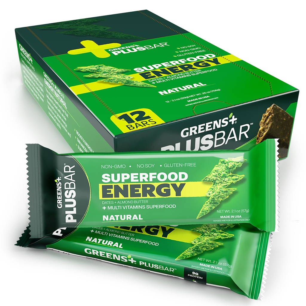 Greens+ Plusbar 에너지, 자연, 슈퍼 그린, 슈퍼 푸드 & 알몬드 버터, 비 GMO, 10g 단백질 식사 교체, 12 팩