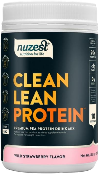 Nuzest - Vegan Pea Protein Powder - Clean Lean Protein, 프리미엄 플랜트 기반 단백질 분말, Dairy Free, Gluten Free, GMO Free, Protein Shake, Wild Strawberry, 10 서빙, 8.8 온스
